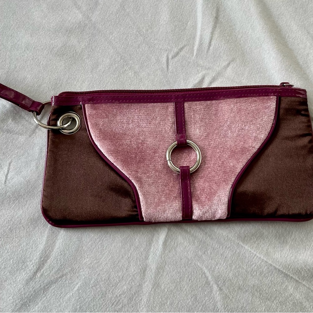 Avon Vintage Clutch Purse Brown Satin & Pink Velvet Purple Trim